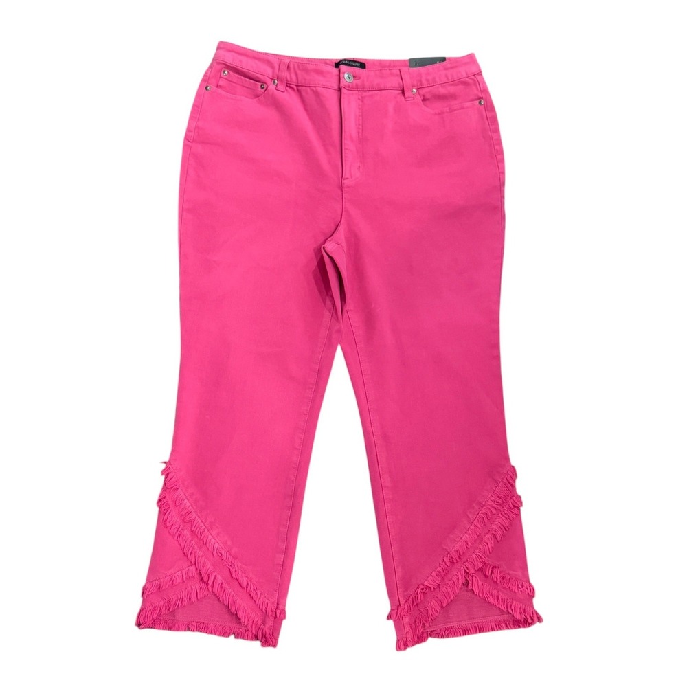 John Mark Capri Pants Women 16 Pink Cropped Straight Fringe Hem Stretch Comfort - Picture 3 of 10